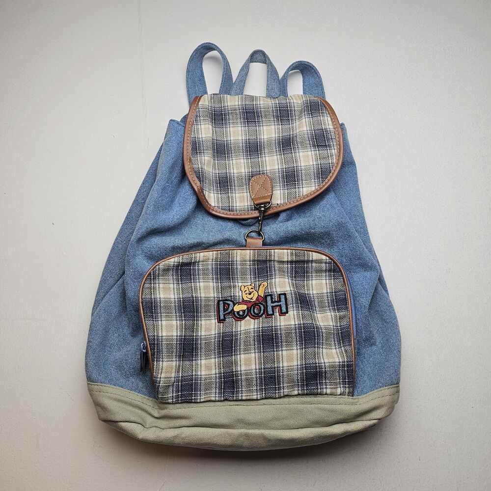 Vintage Winnie The Pooh Embroidered Backpack Ruk-Sack Denim With Plaid Pooh Y2K